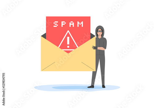 Concept Of Spamming Mailbox, Cyber Crime And Hacker Attack. Cheater In Face Mask Make Spam Mailing Using Malware. Criminal Making Spam Mailing. Cartoon Outline Linear Flat Style. Vector Illustration