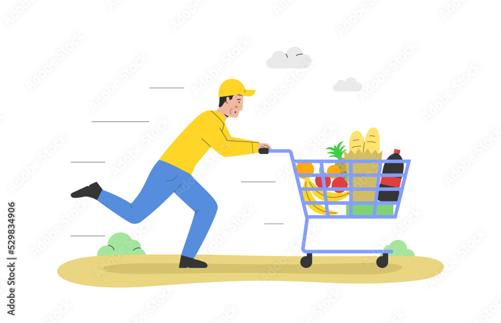 Concept Of Home And Office Food Delivery. Courier In Uniform Deliver Food Supply To Customers. Courier Service Worker Carries Cart With Grocery. Cartoon Linear Outline Flat Style. Vector Illustration Concept Of Home And Office Food Delivery. Courier In Uniform Deliver Food Supply To Customers. Courier Service Worker Carries Cart With Grocery. Cartoon Linear Outline Flat Style. Vector Illustration