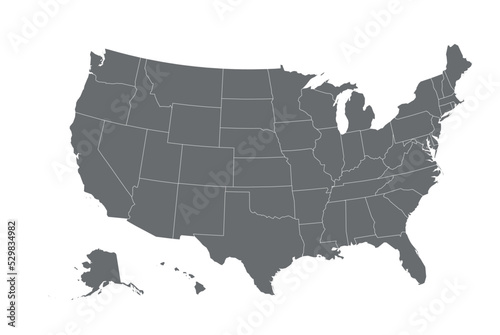Grey USA map with states isolated on a white background. United States of America map. Vector illustration
