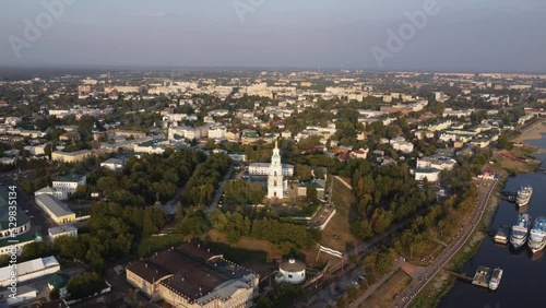 ultra hd video footage 4k Aerial view of the city of Kostroma, Russia. The quadcopter flies over the old city.