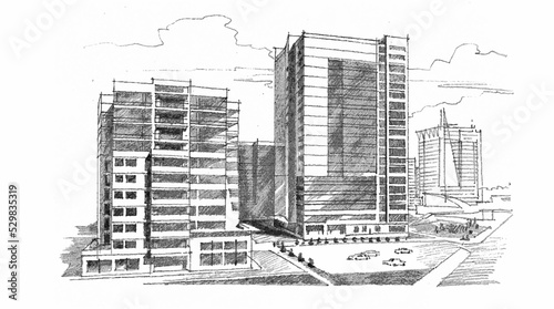 Architectural sketch of a multistory buildings. Freehand pencil drawing. Vector