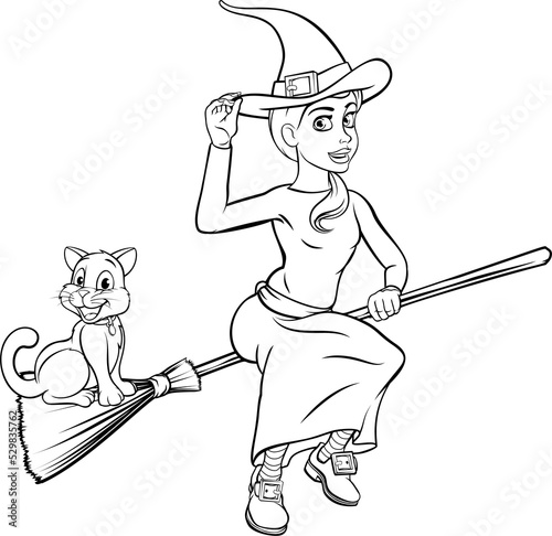Cartoon Witch and Cat Flyin...