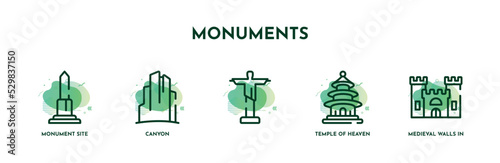 Fotografia set of 5 thin line monuments icons