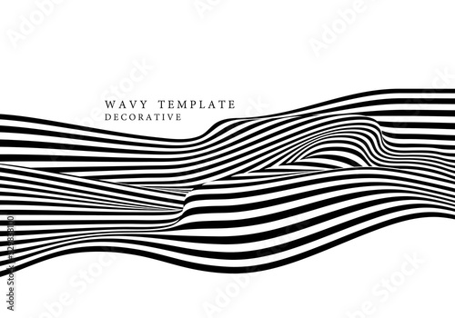 Abstract black and white op art lines pattern swirl wavy decorative template.