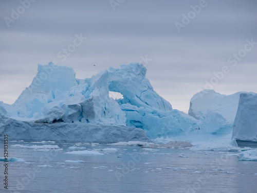 Awe-inspiring icy landscapes at the mouth of the Icefjord glacier (Sermeq Kujalleq), one of the fastest and most active glaciers in the world. Disko Bay, Ilulissat, Greenland © Luis