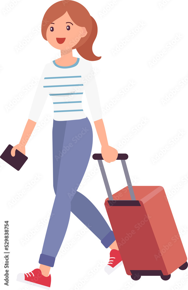 Cute cartoon people female woman character with luggage and passport Cute cartoon people female woman character with luggage and passport