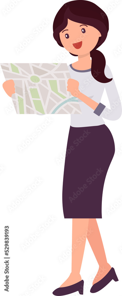 Cute cartoon people female woman character looking at map Cute cartoon people female woman character looking at map
