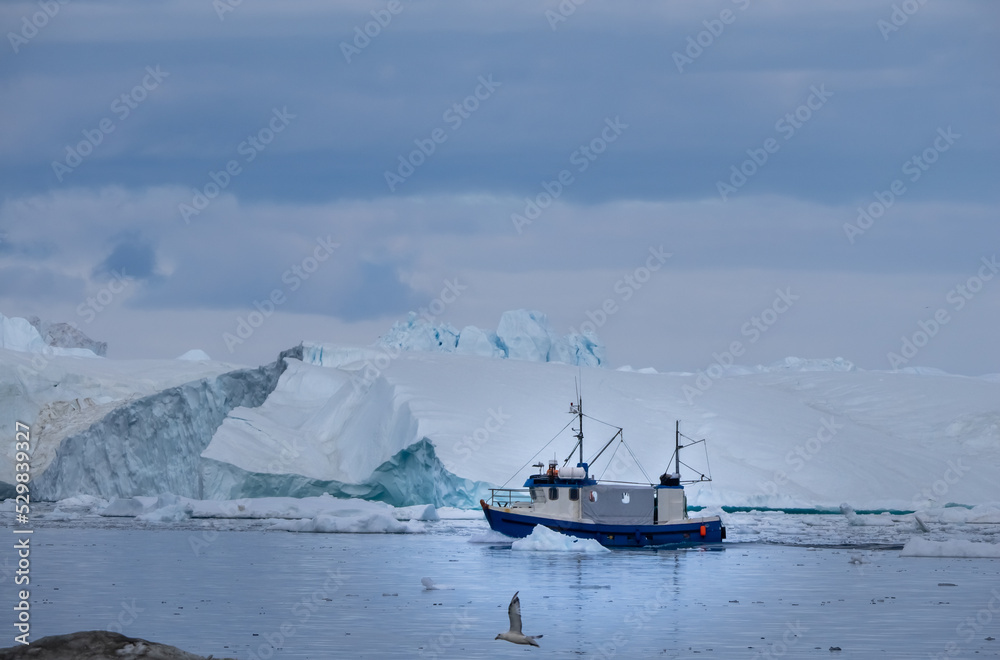 Cruising among gigantic icebergs crowding the waters of the Disko Bay north of the Artic Circle near Ilulissat, Western Greenland