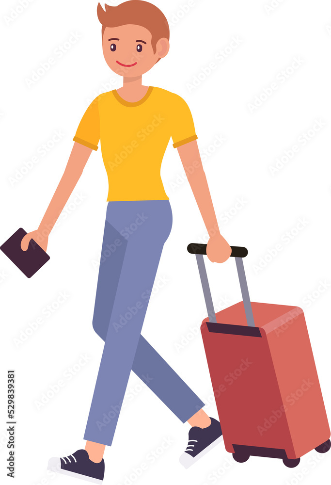 Cute cartoon people male man character with luggage and passport