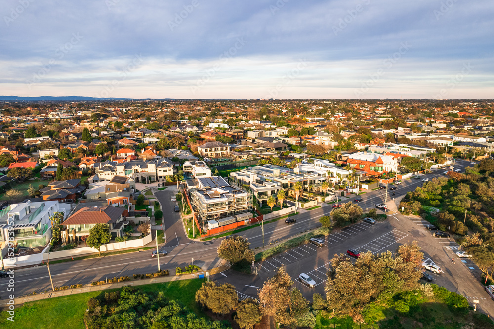 Fototapeta premium Drone aerial view Brighton beach side residential area