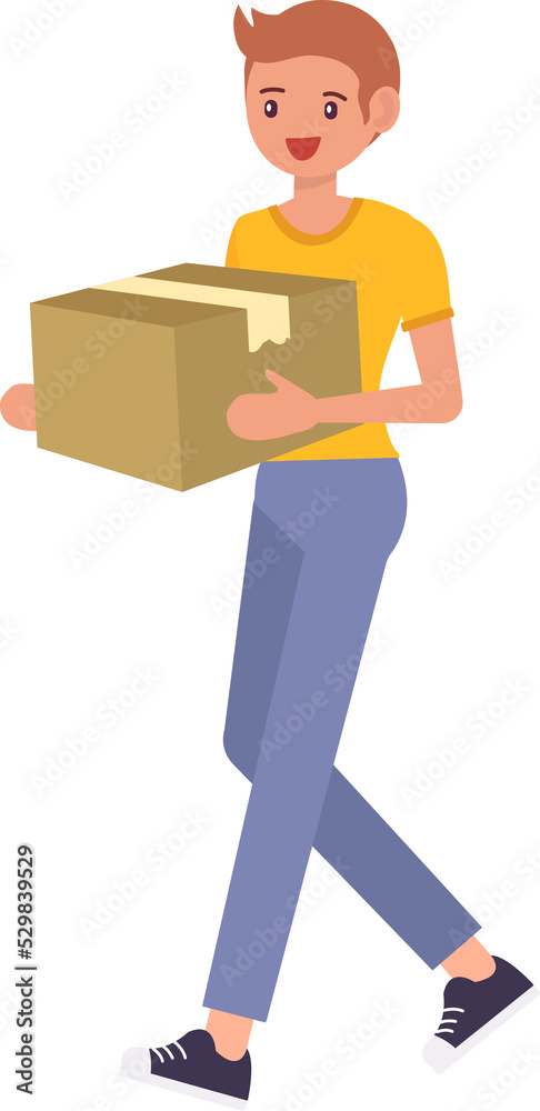 Cute cartoon people male man character holding sealed paper box Cute cartoon people male man character holding sealed paper box