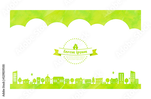 silhouette of houses and trees. watercolor illustration for background (green)