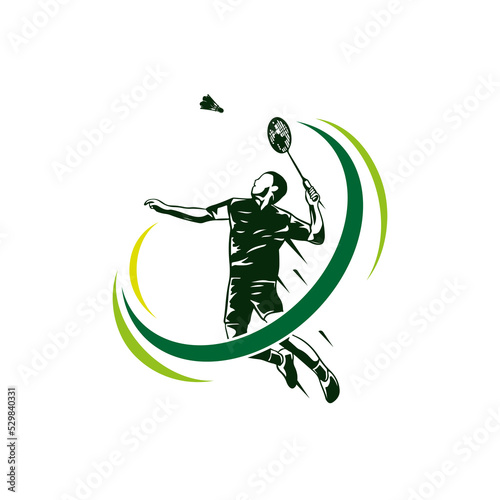 Badminton Jumping Smash Illustration logo design. Modern Passionate Badminton Player In Action Logo design template