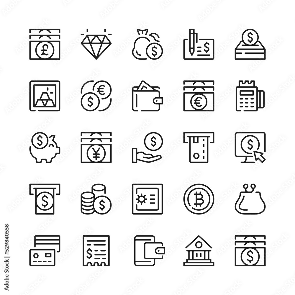 Money line icons. Outline symbols. Vector line icons set Money line icons. Outline symbols. Vector line icons set