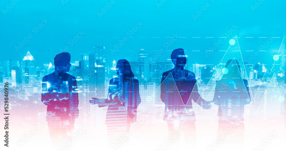 Silhouette business group people standing discussing with chart diagram and city background, Futuristic modern business concept