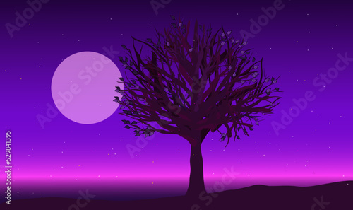 Tree on a mountainside, at night with stars and moon. Vector illustration with purple colors © AnastasiyaCreates