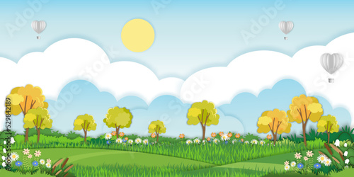 Vector illustration.Paper cut style of field landscape in summer time  Paper art spring landscape with blue sky and hot air balloons heart flying  panorama flat cartoon for Eco environmental backgroud