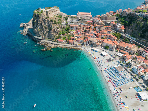 Fototapeta Naklejka Na Ścianę i Meble -  Aerial view of Scilla, Reggio Calabria, Calabria. Promontory at the northern entrance of the Strait of Messina. Ruffo Castle and lighthouse. Tyrrhenian Sea. Italy