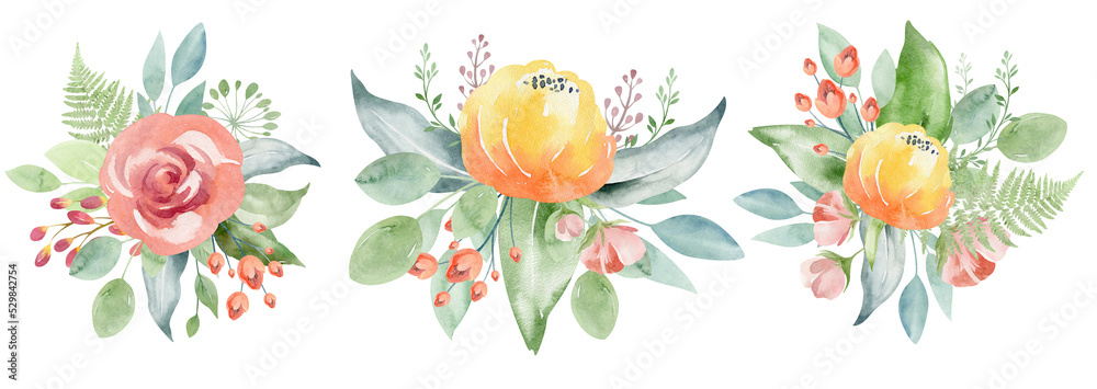 Watercolor wedding flowers. Bouquet of summer plants and flowers roses, peonies, leaves. For cards, design of invitations, stickers, wedding, valentine's day, birthday.