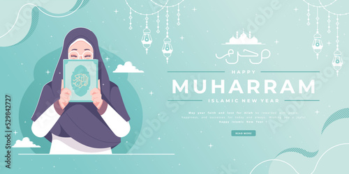 happy muharram islamic new year banner design arabic lettering means islamic new year