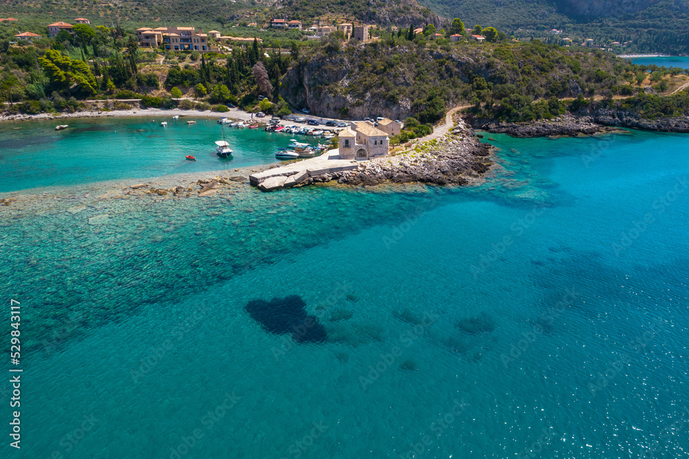 Aerial drone photo of the picturesque Kardamili village  in Messinian Mani, Peloponnese, Greece