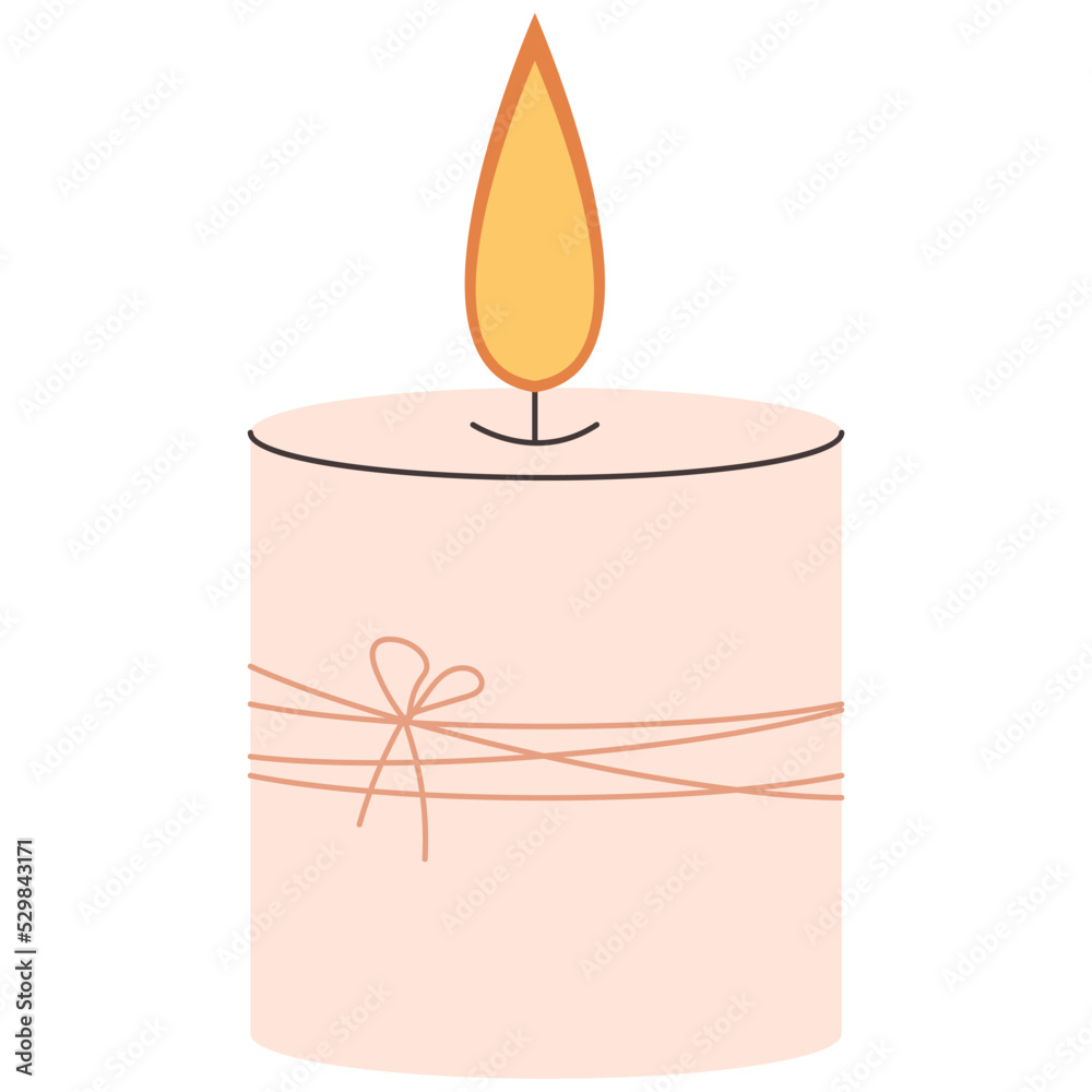 Burning candle isolated on white background, candle with decorative thread, short candle Burning candle isolated on white background, candle with decorative thread, short candle