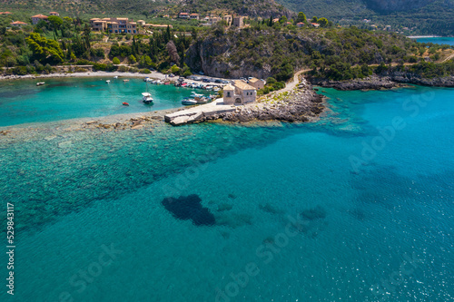 Aerial drone photo of the picturesque Kardamili village in Messinian Mani, Peloponnese, Greece
