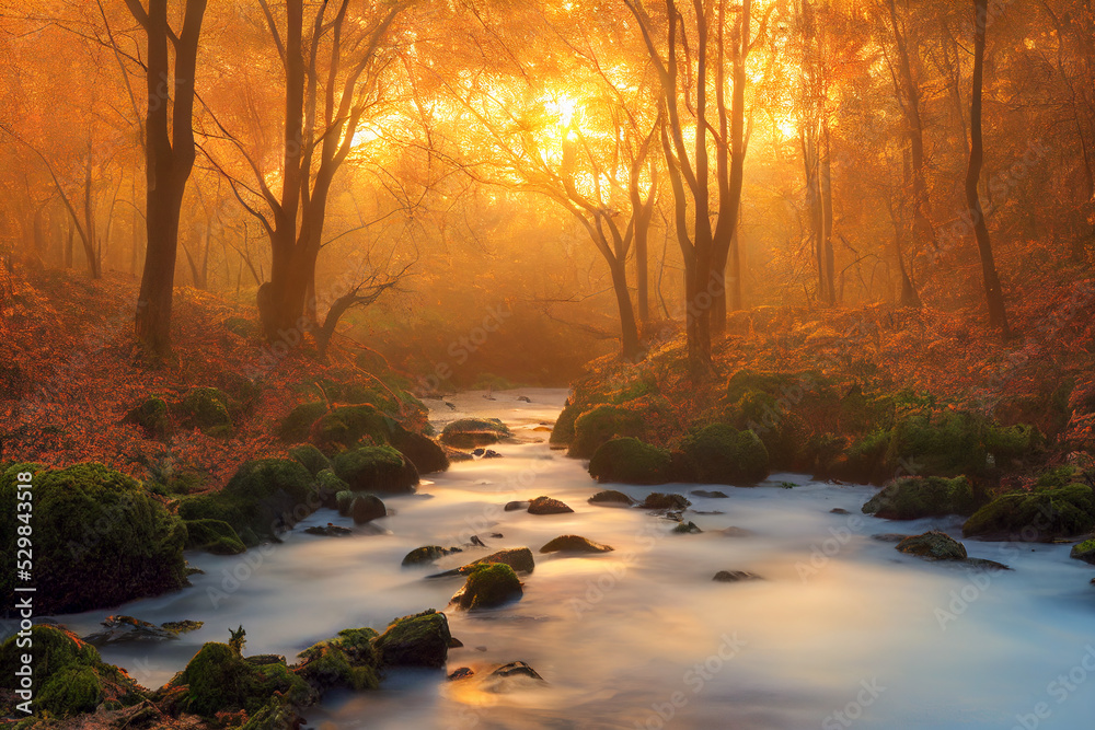 Autumn forest and forest stream at sunset - obrazy, fototapety, plakaty 