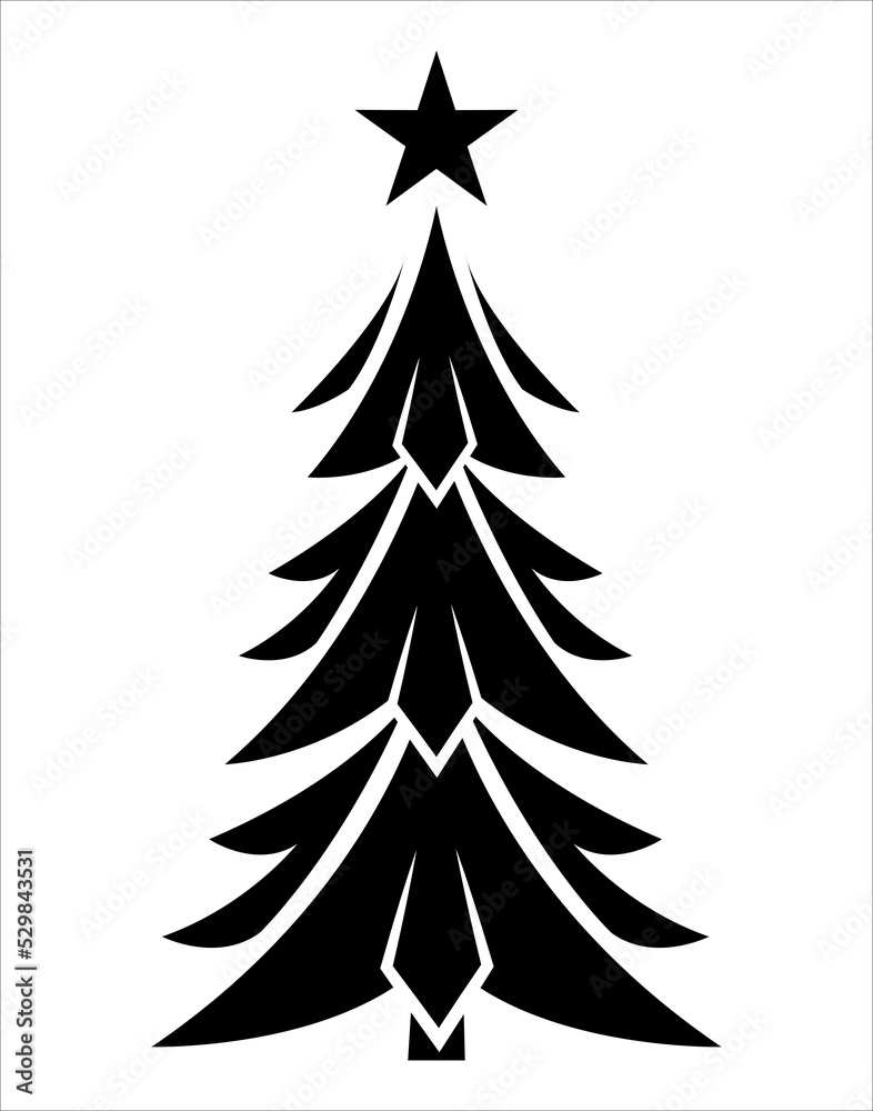 Obraz premium Christmas tree illustration. Black and white, monochrome Christmas tree decorative, stylized illustration. 