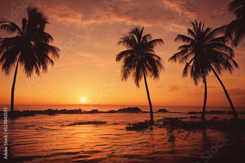 Tropical beach with palm trees at sunset © eyetronic