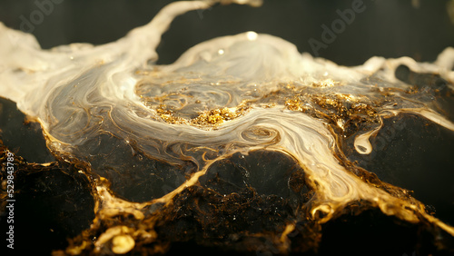 Golden and black liquids mixing with gold crystal structures. Abstract digital ray traced rendering