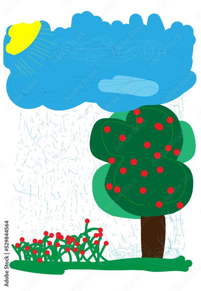 Naklejka premium childhood weather tree, sun, drawing of an 11-year-old child for the first time in an illustrator about the weather of his dreams