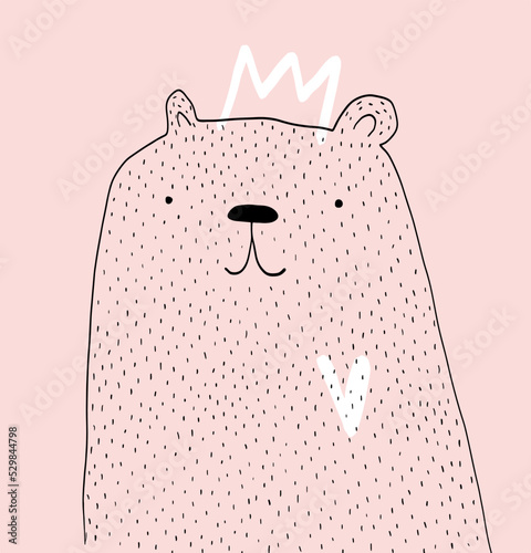 Bear in a Crown. Cute Big King Bear with a Tint White Heart on a Pastel Pink Background. Woodland Party Print with Lovely Bear. Mother Day Card. Nursery Vector Illustration ideal for Wall Art, Poster.