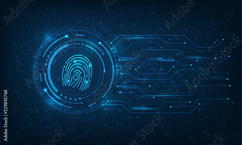 security fingerprint cyber technology with curcuit digital on blue dark background. online innovation biometrics identification system. vector illustration digital fantastic design.