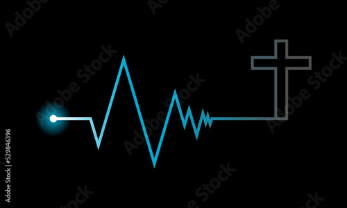 Line blue heartbeat cardiograph with christian crucifix cross religion death concept heart disease on black background icon vector design.