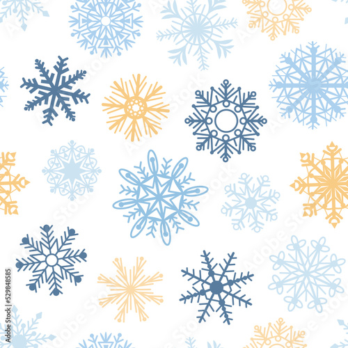 Winter flat snowflakes seamless pattern. Frozen snowflake simple fabric print, christmas holiday symbols. New year snowfall decent vector design