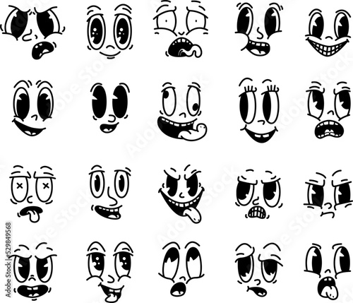 Retro comic vintage cartoon faces. Retro mascot face, isolated abstract expressions. Fun smile and surprise, angry heads snugly vector set. Different emotions collection