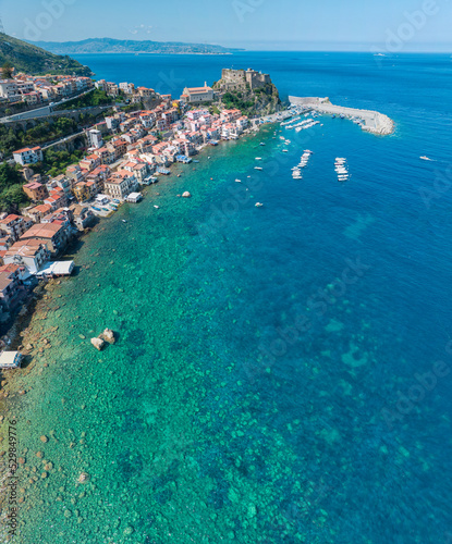 Aerial view of Scilla, Reggio Calabria, Calabria. Promontory at the northern entrance of the Strait of Messina. Ruffo Castle and lighthouse. Tyrrhenian Sea. Italy