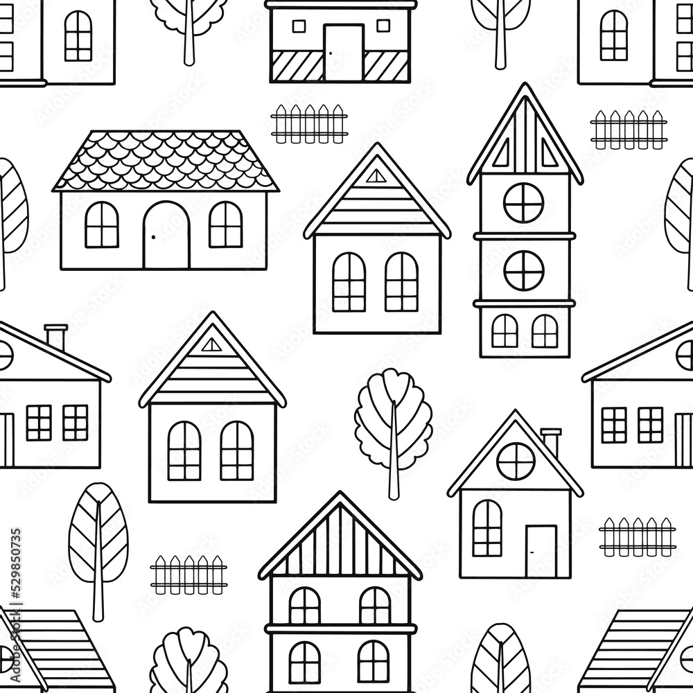 Seamless pattern of doodle houses. Great for fabric, textile vector illustration