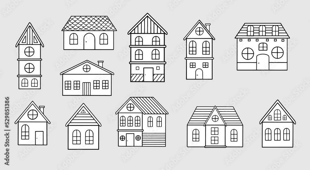Set of vector houses in doodle style. Flat design.