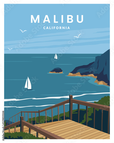 Malibu California beach poster landscape. vector illustration with minimalist style. 