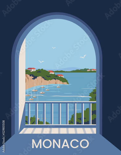 Monaco poster landscape. coast scenic view in windows. vector illustration with minimalist style.