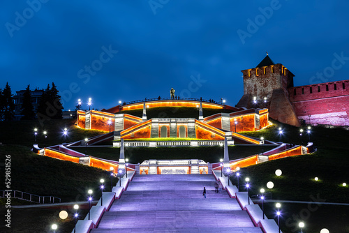 Night view of the Chkalovskaya Staircase and the Kremlin Wall with the St. George Tower