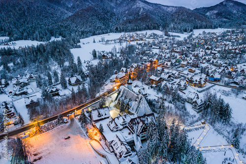 Zakopane in winter, cityscape in snow, aerial drone view © marcin jucha
