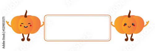 Couple of cute cartoon style orange pumpkin character holding in hands blank card, banner.