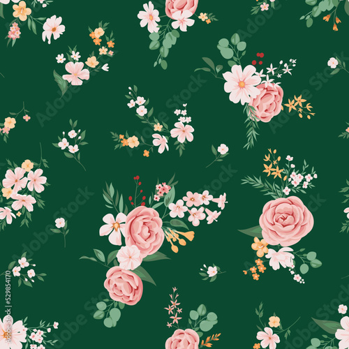 Contemporary floral print with small garden flowers on field for digital background and textile in millefleur style ,ornate vector template
