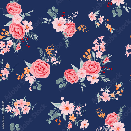 Contemporary floral print with small garden flowers on field for digital background and textile in millefleur style ,ornate vector template