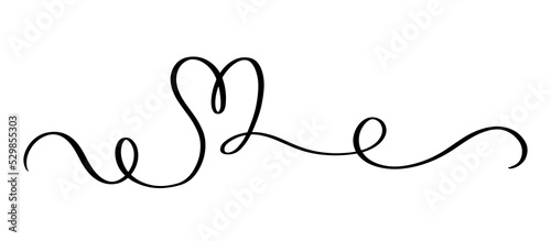 Heart and love swirl divider. Hand drawn sketch doodle style. Continious Line scribble heart thread vector illustration. Love and wedding concept.