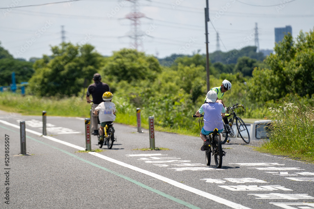 Obraz premium 初夏の休日、親子連れのサイクリング（手賀沼のサイクリングロード）
