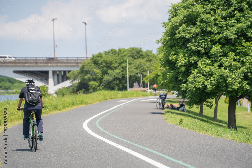 Obraz premium 手賀沼のサイクリングロード、自転車と木陰で昼寝する人(6月初旬の晴れの日)